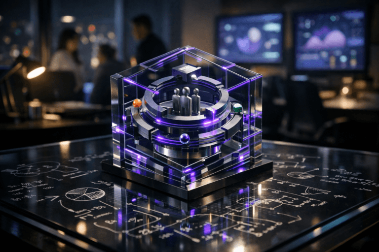 A photorealistic medium-wide cinematic shot, camera positioned approximately 1–2 meters from the subject, capturing a refined physical desk sculpture representing Customer Relationship Management: a premium glass-and-metal isometric-style cube made of layered translucent panels and interlocking geometric shapes, like a 3D control hub with small colored nodes and segmented rings, resting on a sleek glass tabletop covered with hand-drawn white mathematical formulas, flow arrows, and small analytical notations, all clearly readable within a realistic environment. The object integrates subtle electric-purple (#7B63FF) accents along its edges and connection lines, suggesting intelligent data flow and activity without overpowering realism. Set in a modern tech office at night with a Tech-Noir mood, city lights softly glowing through large windows, out-of-focus wall screens displaying abstract analytics dashboards, and the blurred silhouettes of diverse professionals in business-casual attire collaborating around nearby workstations in the background. Lighting is low-key and practical, coming from monitors, a desk lamp, and ceiling fixtures, complemented by a soft integrated white spotlight from the side that gently reveals the sculpture’s form, glass reflections, and metallic textures, as well as the formulas on the glass surface. Cinematic realism, natural shallow-to-medium depth of field, 35mm lens look, neutral corporate palette with restrained neon purple accents, premium materials, ultra-detailed, 8K, no text overlays, no watermarks.