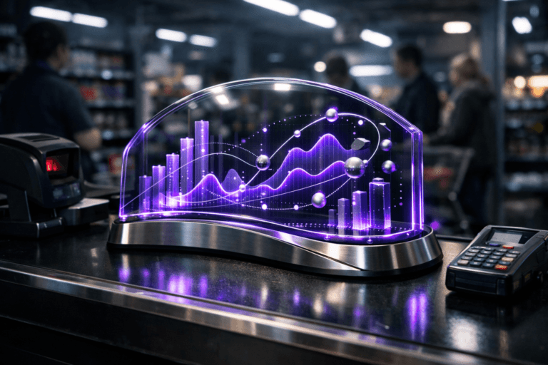 A photorealistic medium-wide cinematic shot, camera positioned approximately 1–2 meters from the subject, capturing a sleek real-world “Customer Success” hero object in the form of a premium physical data-visualization sculpture: a curved transparent glass and brushed-metal desktop console sitting on a polished black supermarket checkout counter with a dark conveyor belt, its layered luminous graphs, pulsing nodes and orbiting metallic tokens symbolizing customer journeys and recurring revenue, clearly readable within the realistic environment. The object integrates subtle electric-purple (#7B63FF) light lines and glow along its edges and data elements, indicating intelligence and predictive activity without overpowering realism. Set in a late-night tech‑noir supermarket checkout scene, with a modern cashier station, barcode scanner and payment terminal nearby, muted product shelves and blurred shoppers in the background, some casually waiting in line and illuminated by cool overhead fluorescents and screen glow. Natural human presence remains secondary to the hero object, diverse customers and a cashier rendered in a candid, professional, neutral manner at the periphery. Lighting is low-key and practical, mixing the cold ambience of ceiling fixtures with the soft integrated white spotlight from above and the side that gently reveals the sculpture’s glass and metal textures, while reflections and faint electric-purple accents ripple across the black conveyor belt and nearby surfaces. Cinematic realism, 35mm lens look, shallow-to-medium depth of field with the background softly defocused, premium materials, ultra-detailed, high dynamic range, 8K, no captions, no text overlays, no visible logos or interface words, no watermarks.