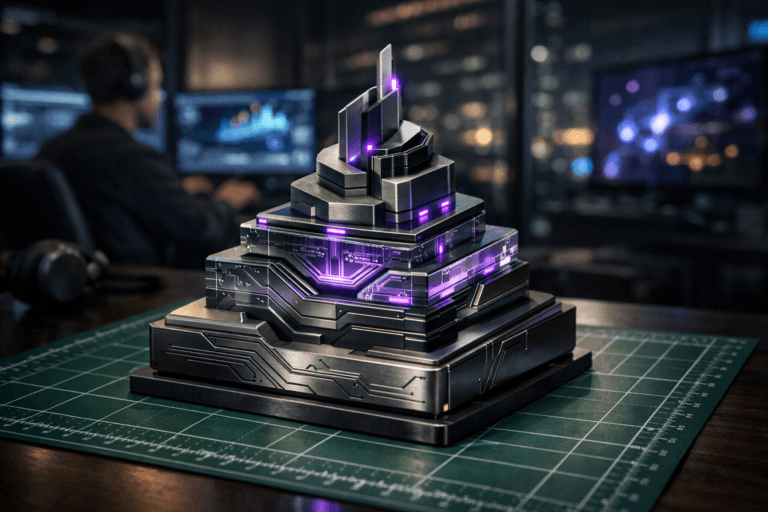 A photorealistic medium-wide cinematic shot, camera positioned approximately 1–2 meters from the subject, capturing a refined real-world hero object: a polished physical desktop sculpture representing Cyber Tech, formed from interlocking metallic and glass isometric layers with engraved circuit patterns, resting prominently on a green cutting mat with a white measurement grid on a modern desk, clearly readable within a realistic environment. The object integrates subtle electric-purple accents indicating intelligence or activity without overpowering realism. Set in a dimly lit cybersecurity operations office at night in a corporate high-rise, filled with multi-monitor workstations, glowing abstract data visualizations on large screens, and distant city lights and subtle neon reflections beyond glass walls, with natural human presence in the background or periphery. Lighting is low-key and practical, complemented by a soft integrated white spotlight from above or the side, gently revealing form, texture, and depth. Cinematic realism, natural depth of field, premium materials, ultra-detailed, 8K, no visible text, no UI overlays, no watermarks.