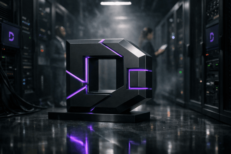 A photorealistic medium-wide cinematic shot, camera positioned approximately 1–2 meters from the subject with a 35mm lens, capturing a physical isometric 3D sculpture of the D-ID logo as the hero object, a solid matte-black metal form with clean beveled edges and subtle electric-purple light accents running along its contours, clearly readable within a realistic environment. The object stands centrally on a polished reflective floor, with the D-ID logo also discreetly visible on a few nearby server-monitor interfaces, all integrated naturally into the scene. The object integrates subtle electric-purple accents indicating intelligence or activity without overpowering realism. Set inside a cold, dimly lit data center corridor lined with tall black server racks on both sides, faint status LEDs and monitor screens casting soft colored glows, light mist in the air, and cable details enhancing a high-end tech-noir corporate atmosphere, with a couple of slightly out-of-focus diverse IT professionals in the distant background walking between racks or checking a tablet, providing natural human presence without drawing focus from the logo sculpture. Lighting is low-key and practical from overhead fixtures and screen glow, complemented by a soft integrated white spotlight from above and slightly to the side, gently revealing the form, texture, and depth of the D-ID logo sculpture and server racks. Cinematic realism, natural shallow-to-medium depth of field, premium materials, ultra-detailed, 8K, no text, no captions, no UI panels, no watermarks.