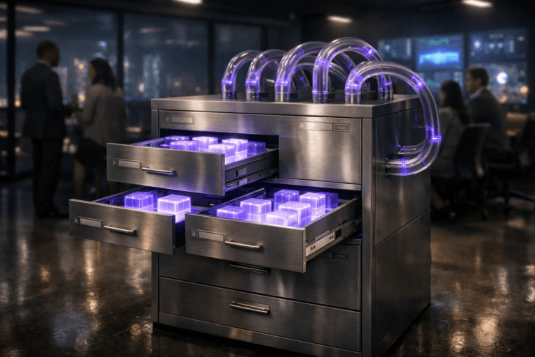 A photorealistic medium-wide cinematic shot, camera positioned approximately 1–2 meters from the subject, capturing a sleek, waist-high brushed-steel filing cabinet as the hero object, several drawers half-open with neatly organized glowing translucent “data” cubes inside, a network of transparent acrylic tubes feeding more of these cubes directly into the drawers, subtle interface-like details and small neutral labels on the drawer fronts with no readable text, all clearly readable within a realistic environment. The object integrates subtle electric-purple #7B63FF accents pulsing through the transparent tubes and along the edges of the cubes, indicating intelligent data flow and activity without overpowering realism. Set in a low-lit tech-noir corporate data operations room at night, glass walls revealing a softly blurred futuristic city skyline, polished concrete floor catching reflections, and a distant wall of large, out-of-focus monitors showing abstract dashboard visuals and graphs. Natural human presence in the background and periphery: a diverse group of realistic marketing and data professionals in modern business-casual attire, standing and sitting around a large screen, engaged in quiet discussion, their faces softly illuminated by monitor light and slightly out of focus so they remain secondary to the filing-cabinet “data hub.” Lighting is low-key and practical, coming from ceiling fixtures, screens, and a subtle electric-purple ambient glow, complemented by a soft integrated white spotlight from above and slightly to the side, gently revealing the cabinet’s metal texture, the transparency of the tubes, and the luminous cubes with rich depth and reflections. Cinematic realism, natural shallow-to-medium depth of field, premium materials, ultra-detailed, 8K, neutral corporate color palette with restrained neon accents, no overlaid UI, no captions, no logos, no watermarks.