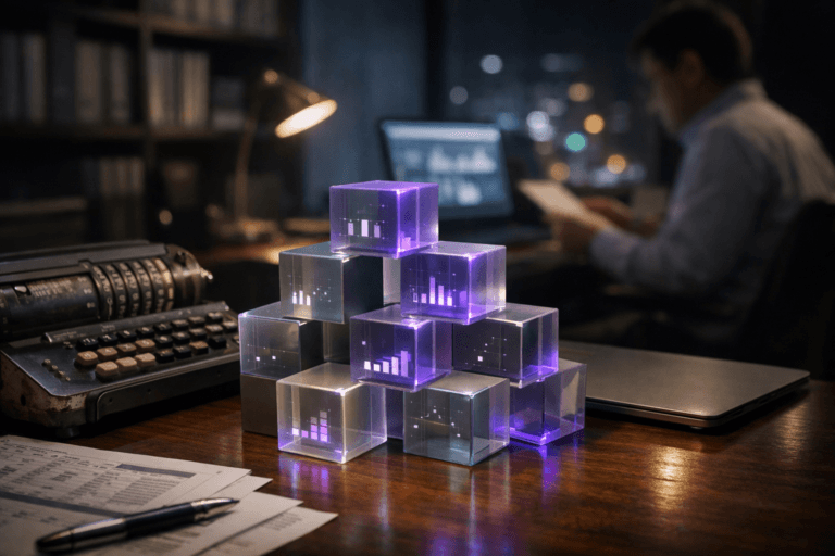 A photorealistic medium-wide cinematic shot, camera positioned approximately 1–2 meters from the subject, capturing a refined real-world hero object: a cluster of semi-transparent acrylic “data” cubes in muted corporate colors, neatly stacked and interlocking into a geometric structure on a tidy wooden accounting desk, physically grounded beside a vintage mechanical calculator with metal keys and worn number rollers, a slim modern laptop slightly behind them showing blurred analytics dashboards on screen; the cubes have subtle embedded lines and tiny abstract data icons softly illuminated with electric-purple (#7B63FF) edge accents indicating intelligence or activity without overpowering realism. Set in a late-evening corporate finance office in a tech-noir mood, with shelves of binders, a second monitor glowing on a side desk, city lights and faint neon reflections visible through a large window, scattered printed spreadsheets and a pen near the calculator, and a realistically dressed professional accountant slightly out of focus in the background, seated and reviewing documents or typing, providing natural human presence in the periphery. Lighting is low-key and practical, coming from desk lamps, screens and a cool city glow, complemented by a soft integrated white spotlight from above and slightly to the side that gently reveals the form, texture and depth of the cubes, calculator and desk surface, casting subtle shadows and reflections. Cinematic realism, 35mm lens look, natural shallow-to-medium depth of field, premium materials, ultra-detailed, 8K, neutral corporate palette with restrained electric-purple accents, no captions, no text overlays, no watermarks, no recognizable brands.