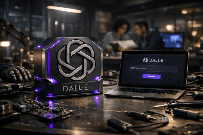 A photorealistic medium-wide cinematic shot, camera positioned approximately 1–2 meters from the subject, capturing a solid 3D isometric DALL·E logo sculpture made of matte acrylic and brushed metal sitting on a robotics assembly workbench, the official DALL·E logo clearly visible on the front of the object and also subtly repeated on the open laptop screen beside it showing a clean DALL·E prompt interface, clearly readable within a realistic environment. The object integrates subtle electric-purple (#7B63FF) edge accents and small LED reflections indicating intelligence or activity without overpowering realism. Set in a dimly lit, modern Tech-Noir robotics lab at night, with a cluttered worktable covered in partially assembled robot components, circuit boards, and precision tools, glass walls hinting at a larger tech office beyond, and a couple of diverse engineers in the soft-focus background collaborating over schematics and a second monitor. Lighting is low-key and practical, coming from the laptop screen, small task lamps, and a few overhead industrial fixtures, complemented by a soft integrated white spotlight from above and slightly to the side, gently revealing the form, texture, and depth of the DALL·E logo sculpture, metal tools, and robot parts while letting the background fall into moody shadows with restrained neon purple accents. Cinematic realism, natural shallow-to-medium depth of field, shot on a 35mm lens, neutral corporate color palette with subtle electric-purple highlights, premium materials, ultra-detailed, 8K, no captions, no text overlays in the scene beyond the DALL·E logo itself, no watermarks.