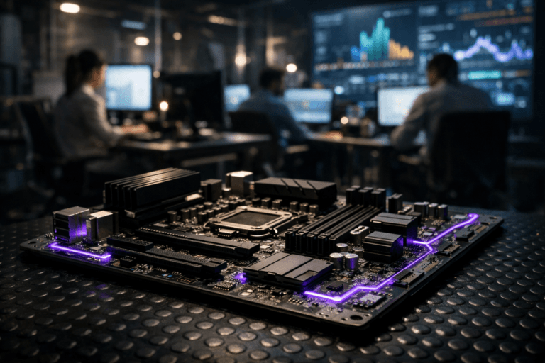 A photorealistic medium-wide cinematic shot, camera positioned approximately 1–2 meters from the subject, capturing a real, complex motherboard lying flat on black industrial anti-slip rubber coin-pattern flooring, its dense copper traces, components, and heat sinks sharply in focus, with a few integrated LED lines and edge details softly glowing in electric purple #7B63FF to suggest hidden data pathways, clearly readable within a realistic environment. The object integrates subtle electric-purple accents indicating intelligence or activity without overpowering realism. Set in a dimly lit tech-noir marketing analytics war room, with towering out-of-focus screens showing abstracted data visualizations, glass partitions, cable runs, and a small, diverse group of professionals in business-casual attire working at their workstations in the background, their faces and silhouettes illuminated by monitor glow in the periphery. Lighting is low-key and practical, coming from the distant screens and a soft integrated white spotlight from above and slightly to the side of the motherboard, gently revealing form, texture, and depth on both the circuitry and the rubber floor. Cinematic realism, natural depth of field, 35mm–50mm lens look, premium materials, ultra-detailed, 8K, no captions, no on-screen text, no logos, no watermarks.