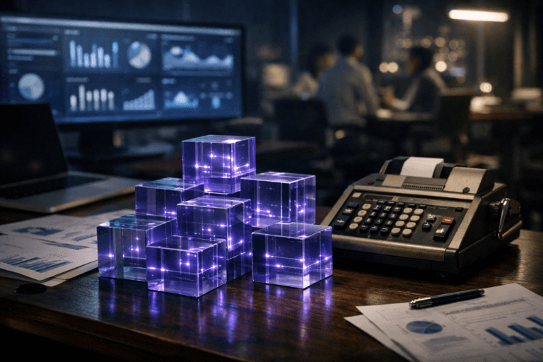 A photorealistic medium-wide cinematic shot, camera positioned approximately 1–2 meters from the subject, capturing a cluster of semi-transparent acrylic “data” cubes in muted blues and greys with subtle electric-purple #7B63FF light lines inside them, neatly arranged and partially stacked on a dark wooden accountant’s desk beside a slightly worn vintage mechanical calculator, clearly readable as the main object within a realistic environment. The object integrates subtle electric-purple accents indicating intelligence or activity without overpowering realism, with gentle internal glows and screen reflections tracing along the edges of the cubes. Set in a contemporary finance and analytics office at night, on an accountant’s workstation with scattered printed reports, a laptop and an ultrawide monitor in the background displaying an abstract modern data dashboard UI (charts, KPIs, graphs, no readable text), city lights and restrained neon reflections visible through a large window, and a few diverse professionals in business-casual attire softly out of focus, collaborating around another desk in the periphery. Lighting is low-key and practical, coming from desk lamps, monitor glow and city light outside, complemented by a soft integrated white spotlight from above that grazes the cubes, calculator and desk surface, gently revealing form, texture, and depth while letting the background fall into a subtle Tech-Noir ambience. Cinematic realism, natural shallow-to-medium depth of field, 35mm–50mm lens look, neutral corporate color palette with restrained electric-purple accents, premium materials, ultra-detailed, 8K, no captions, no text overlays, no watermarks.