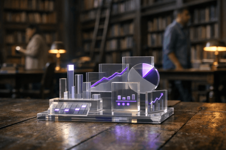 A photorealistic medium-wide cinematic shot, camera positioned approximately 1–2 meters from the subject, capturing a stylized yet physically real tabletop-sized 3D sculpture that represents marketing KPI dashboards — a cluster of translucent acrylic blocks and stacked panels whose geometry subtly echoes isometric dashboard tiles, shaped like minimalist charts and graphs with clean neutral surfaces and fine edges, featuring restrained electric-purple #7B63FF accents — resting directly on an aged wooden library floor, clearly readable within a realistic environment. The object integrates subtle electric-purple accents indicating intelligence or activity without overpowering realism. Set in a grand, softly dusty old library with tall dark-wood bookshelves and ladders stretching upward in the background, rows of books fading into shadow, heavy wooden reading tables and classic chairs nearby, with a few diverse modern professionals in smart-casual attire browsing shelves or walking past in the midground and background, slightly out of focus, secondary to the sculpture, suggesting a quiet data-and-knowledge war room. Lighting is low-key and practical, mixing warm ambient glow from brass reading lamps and soft daylight filtering through high arched windows with a gentle white spotlight from the side that grazes the sculpture, plus a faint internal glow tracing the electric-purple accents, subtly introducing a tech-noir atmosphere while revealing form, texture, and depth. Cinematic realism, natural shallow-to-medium depth of field, premium materials, ultra-detailed, 8K, neutral corporate color palette with restrained neon purple highlights, no captions, no text overlays, no floating logos, no watermarks.