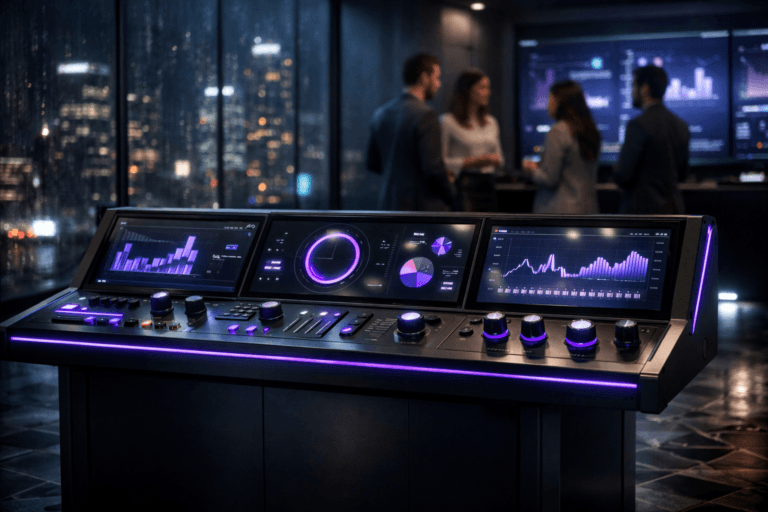 A photorealistic medium-wide cinematic shot, camera positioned approximately 1–2 meters from the subject, capturing a sleek real-world marketing analytics control console as the hero object — a waist-high dashboard-like panel with multiple harmoniously organized luminous indicators, dials, and glass touchscreens displaying abstract charts and graphs without readable text, with physical knobs, soft LED strips, and premium matte-black metal and smoked glass finishes — clearly readable within a realistic environment. The object integrates subtle electric-purple #7B63FF accents along the console edges and around key indicators, suggesting intelligent real-time decision-making activity without overpowering realism. Set in a modern tech-noir analytics war-room, built on a dark, complex geometric mosaic tile floor, surrounded by glass walls that reveal a rainy nighttime city skyline with faint neon reflections, with a diverse group of marketing professionals in smart-casual attire softly out of focus in the background as they stand and collaborate near large wall-mounted screens. Lighting is low-key and practical, coming from desk-level screen glow, a few overhead recessed fixtures, and city light spill, complemented by a soft integrated white spotlight from the side, gently revealing the console’s form, texture, and depth. Cinematic realism, natural shallow-to-medium depth of field, premium materials, ultra-detailed, 8K, no captions, no interface text, no watermarks.