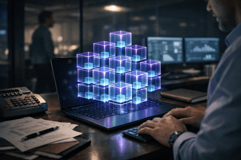A photorealistic medium-wide cinematic shot, camera positioned approximately 1–2 meters from the subject, capturing a cluster of semi-translucent, color-coded data cubes as the hero object, emerging as a subtle 3D holographic projection from a slim dark laptop on a desk, the cubes neatly stacking and snapping into precise geometric columns and rows like an isometric data structure, symbolizing stable, governed “data contracts” for marketing and SEO. The holographic data cubes have restrained electric-purple #7B63FF accents along their edges and connection lines to indicate intelligence and real-time validation, with softer neutral blues and teals in their inner glow, all rendered with realistic reflections and refractions. Set in a late-night corporate office with a lived-in accounting/analytics desk: a vintage mechanical calculator sits beside the laptop, along with a few scattered financial reports, a pen, and a closed notebook; dual monitors in the background show softly blurred dashboards and charts; beyond a glass partition, silhouettes of other professionals move through the corridor. One marketing analyst is seated at the desk, partially in frame and slightly out of focus, hands on the keyboard, neutral expression, while another colleague passes in the background, both dressed in modern business-casual attire, diverse and realistic, clearly secondary to the holographic data cubes. Lighting is low-key and practical, driven by the glow of the laptop and monitors and a cool city ambience filtering in from a distant window, complemented by a soft integrated white spotlight from above and slightly to the side that gently reveals the forms and textures of the cubes, laptop, old calculator, and desk surface without breaking the tech-noir mood. The overall palette leans toward neutral corporate greys, deep charcoals, and muted wood tones, with restrained neon-like electric-purple accents reflected subtly on surfaces, creating a grounded yet futuristic Tech-Noir marketing-ops atmosphere. Cinematic realism, natural shallow-to-medium depth of field, premium materials, ultra-detailed, 8K, no captions, no text overlays, no watermarks.