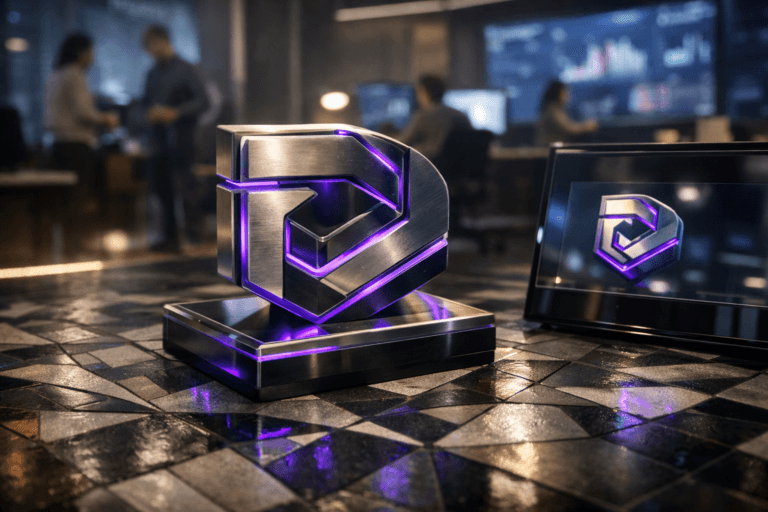 A photorealistic medium-wide cinematic shot, camera positioned approximately 1–2 meters from the subject, capturing a solid 3D isometric sculpture of the “Data Drift” logo as a glossy acrylic and brushed-metal object resting on a complex geometric mosaic floor, the logo clearly readable and physically grounded, with a small, realistic version of the same logo also visible on a nearby glass-panel dashboard screen within a realistic environment. The object integrates subtle electric-purple #7B63FF accents along its edges and as faint internal glow lines indicating intelligence or activity without overpowering realism. Set in a dim tech-noir corporate analytics war room — a real-world office space with a complex geometric mosaic tile floor, glass walls, and a few large wall-mounted screens softly displaying blurred data visualizations and charts — with natural human presence in the background or periphery, such as diverse data analysts in smart-casual clothing moving or collaborating around distant workstations, slightly out of focus. Lighting is low-key and practical, coming from the wall screens, floor-level LED strips, and desk lamps, complemented by a soft integrated white spotlight from above and slightly to the side, gently revealing form, texture, and depth on the Data Drift logo sculpture and the mosaic floor. Cinematic realism, natural shallow-to-medium depth of field, premium materials, subtle reflections, neutral corporate palette with restrained neon purple and teal accents, ultra-detailed, 8K, no captions, no text overlays, no watermarks.