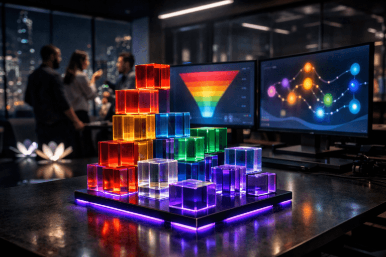 A photorealistic medium-wide cinematic shot, camera positioned approximately 1–2 meters from the subject, capturing a precise sculptural cluster of translucent acrylic data cubes in rich, distinct colors, neatly stacked into geometric structures on a sleek dark analytics workstation, representing data-driven attribution, with nearby curved monitors displaying abstract, text-free heatmap funnels and UX journey visualizations, all clearly readable within a realistic environment. The object integrates subtle electric-purple #7B63FF accents along cube edges and base lighting, indicating intelligence and activity without overpowering realism. Set in a dim, high-end product analytics war room overlooking a futuristic city at night through glass walls, with low-poly-inspired geometric flower-shaped LED floor lights and wall panels subtly evoking a stylized flower field, clean desks, cable-managed hardware, and reflective polished concrete floors, with natural human presence in the background or periphery as a diverse group of UX designers and product managers stand and sit around the workstation, gesturing candidly toward the dashboards and discussing results. Lighting is low-key and practical, coming from monitor glow, a few overhead linear fixtures, and table lamps, complemented by a soft integrated white spotlight from above and slightly to the side, gently revealing form, texture, and depth on the colored cubes, screens, and premium materials. Cinematic realism, natural shallow-to-medium depth of field, neutral corporate palette in charcoal, graphite, and soft grays with restrained electric-purple neon accents, premium materials, ultra-detailed, 8K, no text, no captions, no watermarks.
