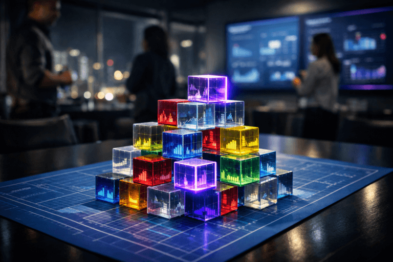 A photorealistic medium-wide cinematic shot, camera positioned approximately 1–2 meters from the subject, capturing a cluster of small, transparent acrylic “data” cubes in rich, saturated colors, carefully arranged into a precise geometric structure atop a large blue blueprint-style grid sheet spread flat on a sleek dark conference table, every cube clearly readable with subtle internal reflections and faint abstract holographic graphs suggesting data-driven product decisions, with one or two cubes featuring delicate electric-purple (#7B63FF) edge glows to indicate intelligence and activity without feeling sci-fi. The object integrates subtle electric-purple accents indicating intelligence or activity without overpowering realism. Set in a tech-noir product war-room style meeting space in a modern corporate office at night, with glass walls revealing a soft-focus city skyline, large wall-mounted screens in the background displaying softly blurred analytics dashboards and product roadmaps, and a small, diverse group of professionals in business-casual attire standing and conversing around the table in the periphery, naturally posed and slightly out of focus so the cubes and blueprint remain the hero. Lighting is low-key and practical, combining cool ambient light from the city and screens with a soft integrated white spotlight from above gently grazing the blueprint and cubes, revealing form, texture, and depth, with subtle reflections on the tabletop and restrained neon-purple accents in the UI glow and screen edges. Cinematic realism, 35mm–50mm lens look, natural shallow-to-medium depth of field with the background softly blurred, premium materials, ultra-detailed, 8K, no captions, no visible interface text, no watermarks.