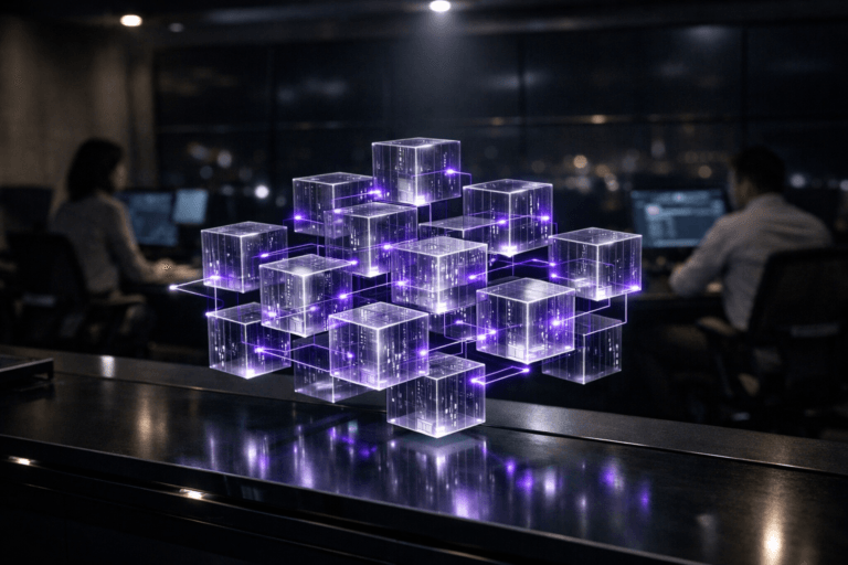 A photorealistic medium-wide cinematic shot, camera positioned approximately 1–2 meters from the subject, capturing a central cluster of semi-transparent glass data cubes appearing as a holographic array projected just above a sleek black console desk, each cube softly lit from within and etched with fine circuit-like patterns, arranged into an ordered geometric lattice that clearly represents an intelligent data fabric connecting dispersed marketing data sources, clearly readable within a realistic environment. The object integrates subtle electric-purple (#7B63FF) accents glowing along edges and as thin luminous lines weaving between the cubes, indicating intelligence and data flow without overpowering realism. Set in a high-end Tech-Noir digital control room for marketing analytics at night, with a wide wall of large monitors in the background switched off, their dark glossy screens reflecting faint city lights and the purple glow of the holographic cubes, and a few diverse marketing and data professionals in business-casual attire working at side workstations, softly blurred in the periphery. Lighting is low-key and practical, coming from discreet desk-level LED strips and minimal ceiling fixtures, complemented by a soft integrated white spotlight from above that gently sculpts the floating cubes and console, revealing form, glassy texture, and depth while leaving most of the room in moody shadow. Cinematic realism, natural shallow-to-medium depth of field, neutral corporate color palette with restrained neon accents, premium materials, ultra-detailed, 8K, no text overlays, no watermarks.