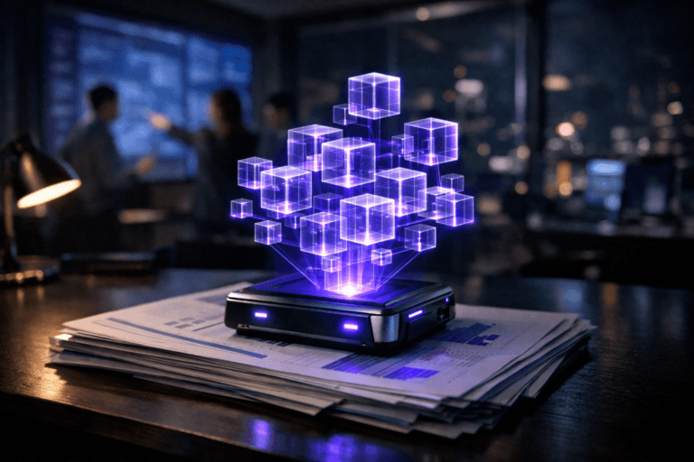 A photorealistic medium-wide cinematic shot, camera positioned approximately 1–2 meters from the subject, capturing a compact holographic data device resting on a neat stack of printed financial reports and newspaper-style marketing documents on a modern corporate desk, projecting a precise cluster of interlocking translucent data cubes arranged in refined geometric structures, subtly edged with electric purple (#7B63FF) accents that indicate intelligent data flows and a unified marketing data lake, clearly readable within a realistic environment. The object integrates subtle electric-purple accents indicating intelligence or activity without overpowering realism. Set in a dimly lit, real-world Tech-Noir marketing analytics war room at night inside a glass-walled office, with large screens and dashboards on the walls, a distant city skyline with scattered neon lights beyond the windows, and a small, diverse group of marketing professionals in the softly blurred background reviewing results and pointing at the screens. Lighting is low-key and practical, coming from desk lamps, the glow of monitors, and the holographic projection itself, complemented by a soft integrated white spotlight from above and slightly to the side, gently revealing form, paper texture, polished metal, and glass surfaces while letting the surroundings fall into a subtle vignette; any on-screen or printed text is abstracted and unreadable. Cinematic realism, natural shallow-to-medium depth of field, premium materials, ultra-detailed, 8K, no captions, no text overlays, no watermarks.