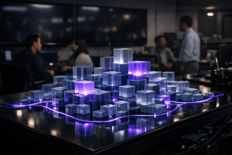 A photorealistic medium-wide cinematic shot, camera positioned approximately 1–2 meters from the subject, capturing a sleek black glass control desk as the hero object, covered by a meticulously organized arrangement of semi-transparent acrylic “data” cubes in muted blues and grays with refined edges, several cubes softly illuminated from within with subtle electric-purple (#7B63FF) accents, forming tiered, lake-like geometric structures that clearly symbolize a unified data lake for marketing analytics within a real-world setting. The cubes rest firmly on the surface in clean geometric stacks, while thin electric-purple light trails weave between them like data streams, indicating intelligence and constant flow without overpowering the realism. Set in a modern tech-noir control room, with large wall-mounted monitors in the background switched off so they appear as dark, glossy reflective panels catching faint reflections of the room, surrounded by understated workstations, cables, and devices. A diverse group of professionals in business-casual clothing are present in the background and periphery, softly out of focus, seated or standing at consoles and collaborating naturally, their faces neutral and candid, adding human scale without competing with the data-cube structure. Lighting is low-key and practical: dim ambient light from ceiling fixtures, subtle glow from side screens and equipment, and a soft integrated white spotlight from above and slightly to the side gently revealing the form, texture, and depth of the cubes and the polished desk surface, with delicate highlights and shadows enhancing the premium materials. Color palette is neutral corporate tones—charcoal, slate, soft gray—punctuated by restrained electric-purple accents in the illuminated cubes and light trails, creating a subtle tech-noir atmosphere. Shot with a 35mm–50mm cinematic look and natural shallow-to-medium depth of field so the hero object is tack-sharp and the control room, monitors, and people fall into a tasteful blur. Cinematic realism, ultra-detailed surfaces and reflections, premium materials, no captions, no text overlays, no logos, no watermarks, 8K.