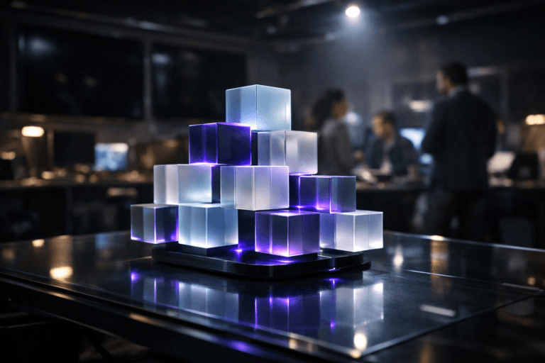 A photorealistic medium-wide cinematic shot, camera positioned approximately 1–2 meters from the subject, capturing a sleek glass-topped control desk as the hero object, where a cluster of semi-translucent, premium-looking data cubes in refined, muted colors are physically arranged into a precise geometric structure, their edges accented with subtle electric-purple #7B63FF light to suggest intelligent data organization, clearly readable and tactile within a realistic environment. The cubes feel like a high-end physical data sculpture or holographic projection emerging just above the desk surface from a discreet device, evoking a marketing data lake made visible in the real world. The object integrates subtle electric-purple accents indicating intelligence or activity without overpowering realism. Set in a dim, high-end Tech-Noir control room, with large powered-off wall monitors in the background catching dark glossy reflections, scattered workstations, cables and peripherals, and a few diverse marketing and data professionals in smart-casual attire moving and collaborating in soft focus at the periphery, as if in a campaign “war room.” Lighting is low-key and practical, coming from desk lamps, ambient ceiling strips, and the faint glow of equipment, complemented by a soft integrated white spotlight from above and slightly to the side that gently reveals the form, texture, and depth of the data cube structure and the glass surface, with subtle reflections on the dark monitors. Cinematic realism, natural shallow-to-medium depth of field, premium materials, ultra-detailed, 8K, neutral corporate tones with restrained neon purple accents, no captions, no text overlays, no interface elements, no watermarks.