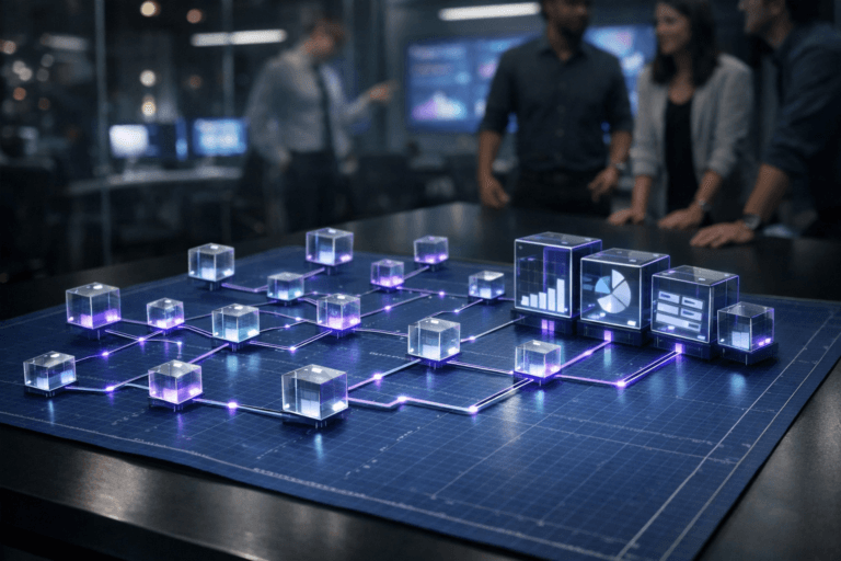 A photorealistic medium-wide cinematic shot, camera positioned approximately 1–2 meters from the subject, capturing a large blue blueprint-style sheet of graph paper neatly stretched across a sleek dark tabletop in a modern marketing analytics war room, serving as the base for a three-dimensional “data map.” Above the blueprint, precise, semi-translucent glass-and-metal data cubes hover a few centimeters in the air, arranged in clean geometric paths like interconnected metro lines, each cube subtly glowing from within to represent key marketing data points and KPIs, visually conveying the concept of Data Lineage. Thin luminous paths connect the cubes across the blueprint in branching routes, forming a clear subway-map-like network that flows toward a cluster of slightly larger “dashboard” cubes near one edge of the table. The object integrates subtle electric-purple (#7B63FF) accents along the edges of the cubes and the connecting lines to indicate intelligence and activity, balanced with neutral greys, deep charcoals, and cool blues so the scene remains realistic and corporate rather than overly neon. Set in a low-lit, tech-noir open office with glass walls and distant city lights, out-of-focus monitors and wall-mounted dashboards glow softly in the background, showing abstracted charts and analytics without any readable text. Natural human presence appears in the periphery: a small, diverse group of marketing and data professionals standing and leaning around the table and in the background, casually collaborating and gesturing toward the blueprint and distant screens, their faces and details slightly out of focus so the hovering cubes and data-map structure remain the clear hero. Lighting is low-key and practical, coming from overhead office fixtures, monitor glow, and a soft integrated white spotlight from the upper side, gently revealing the form, reflections, and fine texture of the cubes, the paper blueprint, and the tabletop, with subtle specular highlights on the glass surfaces. Cinematic realism, 35mm lens look, natural shallow-to-medium depth of field, premium materials, ultra-detailed, 8K, no captions, no text overlays, no logos, no watermarks.