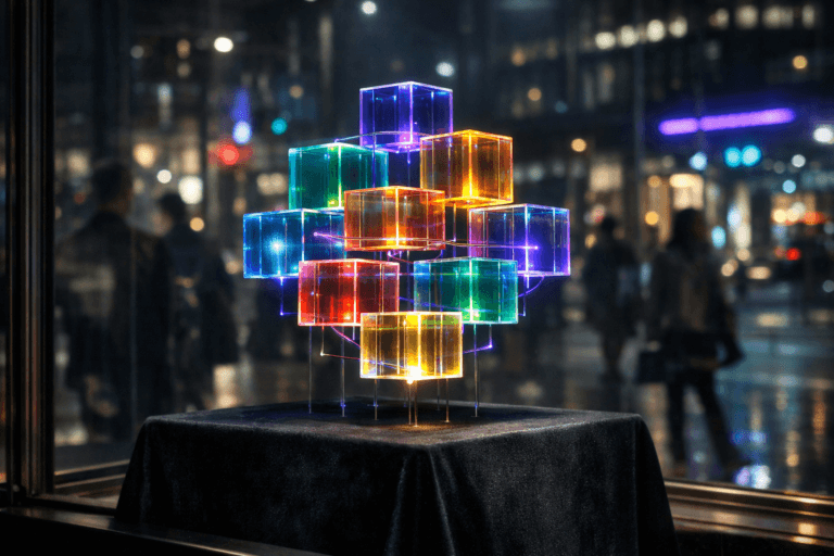 A photorealistic medium-wide cinematic shot, camera positioned approximately 1–2 meters from the subject, capturing a refined real-world hero object: a polished glass-and-metal sculptural installation of colorful translucent data cubes, each cube internally lit and neatly stacked into a precise geometric cluster, subtly suspended above a black velvet pedestal inside an upscale storefront display, with fine support rods nearly invisible to the eye, clearly readable within a realistic environment. The object integrates subtle electric-purple (#7B63FF) accents as faint glowing edges and thin connective light-trails between cubes, suggesting intelligent data flow and real-time orchestration without overpowering realism. Set in an optimized real-world Tech-Noir environment: a nighttime city street seen through the large storefront window, with soft reflections of passing professionals and diverse pedestrians on the glass, hints of office towers and traffic lights outside, and restrained blue, teal, and purple neon signage casting moody reflections that evoke a futuristic marketing “cockpit” in the heart of an urban business district. Natural human presence appears in the background and periphery as softly blurred reflections and silhouettes on the glass, secondary to the main object. Lighting is low-key and practical, combining the internal cube glow, subtle ambient streetlight from outside, and a soft integrated white spotlight from above and slightly to the side inside the display, gently revealing form, texture, and depth of the cubes, velvet, and glass. Cinematic realism, 35mm lens look, natural shallow-to-medium depth of field isolating the sculpture while keeping the city context readable, premium materials, ultra-detailed, 8K, no captions, no legible text, no watermarks.
