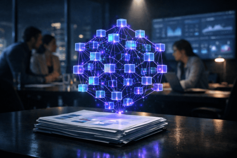 A photorealistic medium-wide cinematic shot, camera positioned approximately 1–2 meters from the subject, capturing a neat stack of printed marketing and financial reports on a dark, sleek meeting-room table, above which a semi-transparent holographic cluster of colorful data cubes is emerging and self-organizing into an elegant, mesh-like geometric structure representing a Data Mesh analytics system, clearly readable as the hero object within a realistic environment. The object integrates subtle electric-purple (#7B63FF) accents along cube edges, connection lines, and soft internal glows indicating intelligence or activity without overpowering realism. Set in a modern tech-noir corporate war room at night, with floor-to-ceiling windows hinting at a distant city skyline, large wall-mounted screens softly displaying out-of-focus dashboards, and a diverse group of marketing and SEO professionals in business-casual attire collaborating around the table in the background and periphery, realistic and slightly blurred. Lighting is low-key and practical, coming from monitor glow, a desk lamp, and faint city light spill, complemented by a soft integrated white spotlight from above that gently reveals the form, texture, and depth of the printed reports, the tabletop, and the volumetric holographic cubes. Cinematic realism, 35mm lens look, natural shallow-to-medium depth of field with the data-cube hologram and reports in crisp focus and the people and screens subtly blurred, premium materials, subtle reflections on the table surface, neutral corporate palette with restrained neon accents in cool blues and electric purple, ultra-detailed, 8K, no text, no UI, no captions, no watermarks.