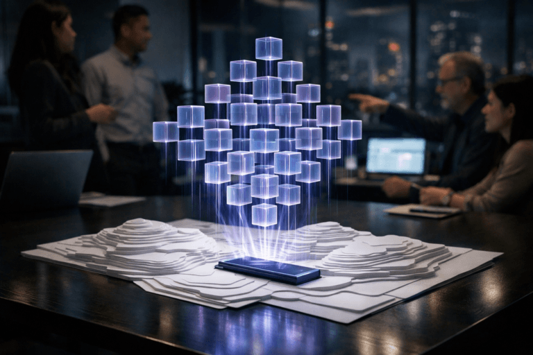 A photorealistic medium-wide cinematic shot, camera positioned approximately 1–2 meters from the subject, capturing a cluster of semi-transparent acrylic data cubes in restrained, elegant colors dynamically rising and neatly organizing into geometric rows and columns above a pristine white layered paper topographic map, the map physically built from cut paper contours and spread across a sleek dark meeting table in a modern office. The cubes appear as a believable holographic projection emerging from a slim device on the table, their edges defined with subtle electric-purple #7B63FF accents and fine light trails that indicate intelligent data mining activity without feeling sci-fi or exaggerated, clearly readable as the hero object within a realistic environment. Set in a dimly lit corporate marketing analytics war room at night, with floor-to-ceiling windows revealing a moody tech-noir city skyline and distant neon lights, glass walls and large monitors and laptop screens in the background softly blurred, displaying indistinct dashboards. A small, diverse group of marketing professionals stands and sits around the table in the periphery, engaged in quiet discussion and pointing toward the holographic cubes and map, their expressions neutral and focused, adding natural human presence while remaining secondary to the data-cube display. Lighting is low-key and practical, coming from laptop screens, wall monitors, and a soft integrated white spotlight from above that gently reveals the form, texture, and depth of the cubes and layered paper map, with realistic reflections on the table surface. Cinematic realism, shot with a 35mm–50mm photographic look, natural shallow-to-medium depth of field, premium materials, ultra-detailed, 8K, no captions, no text overlays, no watermarks.