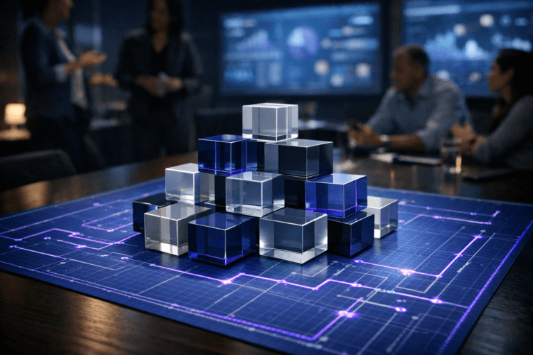 A photorealistic medium-wide cinematic shot, camera positioned approximately 1–2 meters from the subject, capturing a set of solid, glossy acrylic “data” cubes in muted blues, greys and glassy neutrals, neatly arranged into an orderly geometric structure on top of a large blue engineering blueprint-style grid paper sheet stretched flat across a modern meeting-room table, clearly readable within a realistic environment. The cubes and blueprint lines integrate subtle electric-purple #7B63FF accents along edges and circuit-like traces, indicating intelligence and data flow without overpowering realism. Set in a dimly lit corporate war-room style conference room at night with a subtle tech-noir mood, large wall-mounted screens in the background softly displaying out-of-focus analytics dashboards and KPIs, and a diverse marketing team standing and seated around the table, gesturing and discussing the data modeling plan in the periphery while remaining secondary to the cubes and blueprint. Lighting is low-key and practical, coming from the glow of the wall screens and a few table lamps, complemented by a soft integrated white spotlight from above that gently reveals the form, texture, and depth of the cubes and the paper blueprint. Cinematic realism, natural shallow-to-medium depth of field, premium materials, ultra-detailed, subtle neon reflections, 8K, no captions, no legible text, no watermarks.