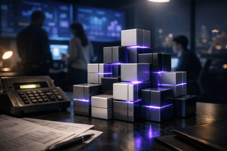 A photorealistic medium-wide cinematic shot, camera positioned approximately 1–2 meters from the subject, capturing a meticulously arranged cluster of solid, glossy data cubes in muted corporate tones with precise edges, neatly organized into geometric stacks on a dark accountant’s desk beside a vintage mechanical calculator and scattered financial printouts, evoking a real-world “data quality control panel” for SEO and marketing performance, clearly readable within a realistic environment. The object integrates subtle electric-purple (#7B63FF) accents glowing softly along cube edges and internal seams, indicating intelligence and continuous monitoring activity without overpowering realism. Set in a modern Tech-Noir marketing analytics war room at night, where the accountant’s desk sits in the foreground and, in the background, a diverse group of marketing professionals stand and sit around large wall-mounted screens and laptops displaying abstracted dashboards and charts (no readable text), softly glowing in cool blues and purples, with a distant city skyline visible through a window. Natural human presence remains candid and slightly out of focus at the periphery, reinforcing a live campaign-monitoring atmosphere. Lighting is low-key and practical, coming from the calculator’s small display, nearby monitors, and a desk lamp, complemented by a soft integrated white spotlight from above and slightly to the side, gently revealing the form, texture, and depth of the cubes, calculator, and desk surface. Cinematic realism, subtle Tech-Noir mood, natural shallow-to-medium depth of field, premium materials, ultra-detailed, 8K, no captions, no text overlays, no watermarks.