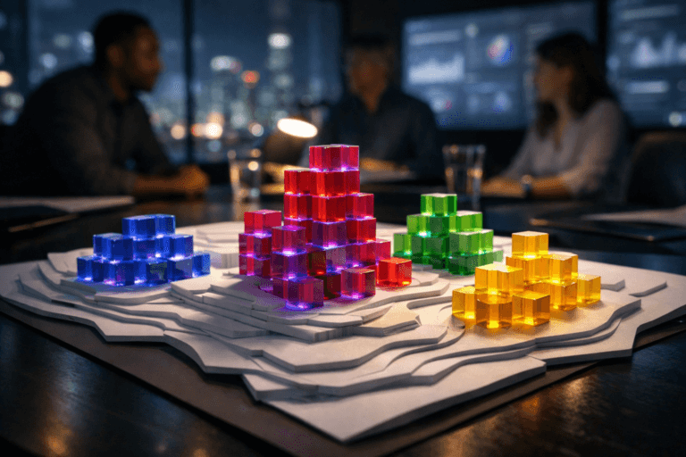 A photorealistic medium-wide cinematic shot, camera positioned approximately 1–2 meters from the subject, capturing a meticulously arranged cluster of small, semi-translucent colored acrylic “data” cubes, neatly stacked into geometric formations across a layered white paper topographic map model spread over a sleek dark conference table, each cube subtly edge-lit with faint electric-purple #7B63FF accents to suggest intelligent data flows while remaining physically grounded and realistic, clearly readable within a modern workspace. The object integrates subtle electric-purple accents indicating intelligence or activity without overpowering realism. Set in a dimly lit, glass-walled marketing analytics war room at night, overlooking a futuristic city with soft neon reflections, large wall-mounted screens in the background showing out-of-focus dashboards, and a few diverse professionals in business-casual attire collaborating around the table in the periphery, slightly blurred to keep focus on the cubes and map as a visual metaphor for Data Warehousing organizing multi-source marketing and SEO data. Lighting is low-key and practical, coming from the ambient city glow, desk lamps, and monitor light, complemented by a soft integrated white spotlight from above that gently reveals the form, texture, and depth of the cubes and paper layers. Cinematic realism, natural depth of field, premium materials, ultra-detailed, 8K, no captions, no text overlays, no watermarks.