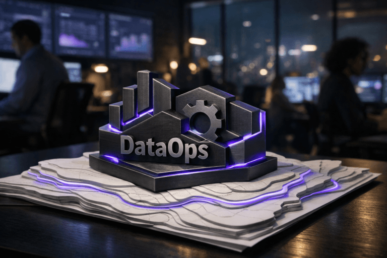 A photorealistic medium-wide cinematic shot, camera positioned approximately 1–2 meters from the subject, capturing a solid 3D-printed isometric-style DataOps brand logo sculpture, in dark brushed metal with subtle electric-purple (#7B63FF) edge lighting, resting prominently atop a detailed white layered paper topographic map laid on a sleek dark desk, the DataOps logo clearly visible on the front face of the sculpture and integrated naturally into the physical composition. The object integrates subtle electric-purple accents indicating intelligence or activity without overpowering realism, with thin neon-like purple lines tracing along the contours of the paper layers to suggest flowing data. Set in a modern tech-noir data war room at night, inside a glass-walled corporate office with a distant city skyline and soft neon reflections, large wall-mounted dashboards and monitors in the background showing blurred analytic interfaces, and a few diverse data professionals in business-casual attire working at their stations, slightly out of focus at the periphery. Lighting is low-key and practical, coming from computer screens, a distant city glow and a few desk lamps, complemented by a soft integrated white spotlight from above and slightly to the side, gently revealing the form, texture and depth of the logo sculpture and the paper topographic layers. Cinematic realism, natural shallow-to-medium depth of field, premium materials, ultra-detailed, shot on a 35mm lens, 8K. No text overlays, no captions, no watermarks.
