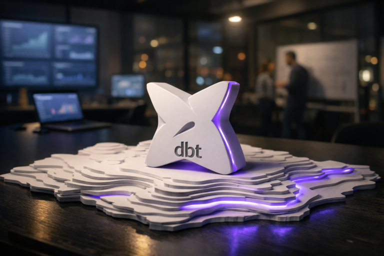 A photorealistic medium-wide cinematic shot, camera positioned approximately 1–2 meters from the subject, capturing a sleek physical desktop sculpture representing dbt: a solid, matte-white 3D object shaped like the official dbt logo, logo clearly visible and engraved on the front, resting on a detailed physical topographic model made of stacked, cut white paper layers forming a terrain-like map on a dark desk. The object integrates subtle electric-purple (#7B63FF) edge lighting and a faint under-glow along the paper layers, indicating intelligence and data flow without overpowering realism. Set in a dimly lit late-night analytics war room inside a modern SaaS office, with multiple large wall-mounted monitors and laptop screens in the background showing softly blurred dashboards and charts without readable text, glass walls hinting at a larger open-plan workspace, and a few diverse data professionals in the periphery, candidly collaborating around screens and whiteboards while remaining secondary to the hero object. Lighting is low-key and practical, coming from the computer screens, a distant city glow through the windows, and a soft integrated white spotlight from above and slightly to the side, gently revealing the form, texture, and depth of the dbt sculpture and the layered paper map. Cinematic realism, natural shallow-to-medium depth of field with the dbt sculpture and paper layers tack sharp and the background softly out of focus, premium materials, subtle neon reflections, neutral corporate tones with restrained electric-purple accents, ultra-detailed, 8K, no text overlays, no watermarks.