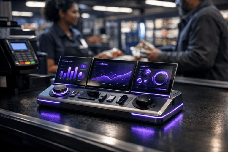 A photorealistic medium-wide cinematic shot, camera positioned approximately 1–2 meters from the subject, capturing a sleek physical “Deal Desk” sales control console as the clear hero object on a real supermarket checkout counter with a black conveyor belt. The object is a premium-looking, compact control hub in brushed aluminum and matte black, with two or three thin, slightly angled glass screens and tactile controls, showing abstract dashboards, charts and deal metrics without any readable text. Subtle electric-purple (#7B63FF) accents run as light strips along the console edges and as a soft glow behind key interface elements, suggesting intelligence and activity without feeling sci-fi or overpowering. Set in a late-evening tech-noir supermarket environment: a realistic checkout lane with product scanners, card terminal, and glimpses of stocked aisles and refrigerated sections receding into the background, rendered in neutral corporate tones and cool ambient colors with restrained neon reflections. A professional cashier and a customer are present in the background and periphery, slightly out of focus – diverse, realistic people in everyday clothing, engaged in a natural checkout interaction where the Deal Desk console clearly coordinates approvals and decisions. Lighting is low-key and practical, coming from overhead supermarket strips, the checkout equipment, and the console screens, complemented by a soft integrated white spotlight from above and slightly to the side that gently reveals the form, texture, and depth of the console and countertop. Cinematic realism, tech-noir mood, natural shallow-to-medium depth of field, crisp reflections, premium materials, ultra-detailed, 8K, no captions, no text overlays, no watermarks.