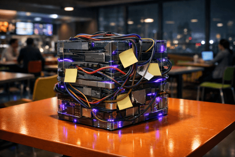 A photorealistic medium-wide cinematic shot, camera positioned approximately 1–2 meters from the subject, capturing a physically plausible desk-sized sculpture symbolizing technical debt: on a brightly colored cafeteria table sits a solid glass-and-metal block composed of stacked, slightly misaligned server blades and code folders fused together, crisscrossed with tangled multicolored cables and a few blank sticky notes wedged between layers, some panels cracked and under subtle strain, all meticulously detailed and clearly readable within a realistic environment. The object integrates subtle electric-purple (#7B63FF) accents glowing faintly along cable conduits and edge seams, indicating hidden intelligence or activity without overpowering realism. Set in a contemporary, slightly futuristic corporate food court at night, with rows of colorful tables and chairs, soft neon signage and digital menu boards in the distance, large windows revealing a moody city skyline with scattered neon lights, and a few diverse professionals in casual-business attire chatting and working on laptops in the background, softly out of focus. Lighting is low-key and practical, coming from overhead cafeteria fixtures and the ambient glow of nearby screens, complemented by a soft integrated white spotlight from above and slightly to the side of the sculpture, gently revealing form, texture, and depth, casting nuanced reflections on the glass and metal surfaces. Cinematic realism, natural depth of field, premium materials, ultra-detailed, 8K, no captions, no readable text, no watermarks.