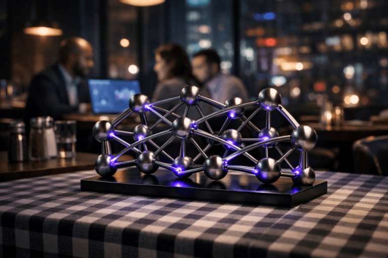 A photorealistic medium-wide cinematic shot, camera positioned approximately 1–2 meters from the subject, capturing a sleek physical desk sculpture representing deep learning and neural networks, formed from interlinked brushed-metal nodes and arcs that subtly echo a 3D isometric diagram, resting on a restaurant table with a neatly pressed checkered tablecloth, clearly readable within a realistic environment. The object integrates subtle electric-purple #7B63FF accents indicating intelligence or activity without overpowering realism. Set in a dimly lit contemporary urban restaurant at night, with a few diverse marketing professionals in the background casually collaborating over laptops that display softly blurred analytics dashboards, city lights and muted neon reflections filtering through large windows to create a subtle tech-noir atmosphere, with additional tables, chairs, and tableware suggesting a lived-in space. Lighting is low-key and practical, coming from overhead pendant lamps, laptop screens, and window glow, complemented by a soft integrated white spotlight from the side, gently revealing form, texture, and depth on the neural sculpture and checkered fabric. Cinematic realism, natural depth of field, 35mm lens look, premium materials, ultra-detailed, 8K, no text, no captions, no watermarks.