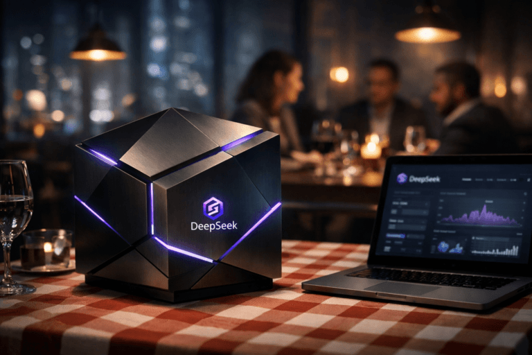 A photorealistic medium-wide cinematic shot, camera positioned approximately 1–2 meters from the subject, capturing a sleek physical hero object representing the DeepSeek AI platform: a premium desk-sized geometric sculpture in matte black and brushed metal, subtly inspired by a 3D isometric cube, resting solidly on a restaurant table with a red-and-white checkered tablecloth; the DeepSeek logo is clearly visible as a small, softly backlit emblem on the front face of the sculpture and also appears naturally on a nearby open laptop screen showing blurred analytics dashboards. The object integrates subtle electric-purple (#7B63FF) light accents running along its edges and interface lines, suggesting intelligent data flow without overpowering realism. Set in an upscale urban restaurant at night with a tech-noir atmosphere, large windows revealing a softly blurred futuristic cityscape, warm pendant lamps above the tables, and a few diverse professionals in business-casual attire having a data-focused dinner meeting in the background, slightly out of focus, surrounded by laptops, tablets, and glasses. Lighting is low-key and practical, coming from the pendant lamps, screens, and city glow, complemented by a soft integrated white spotlight from above and slightly to the side, gently revealing the sculpture’s form, texture, and subtle reflections on the glassware and cutlery. Cinematic realism, natural shallow-to-medium depth of field, neutral corporate color palette with restrained electric-purple accents and reflections, premium materials, ultra-detailed, 8K, no captions, no text overlays, no watermarks.