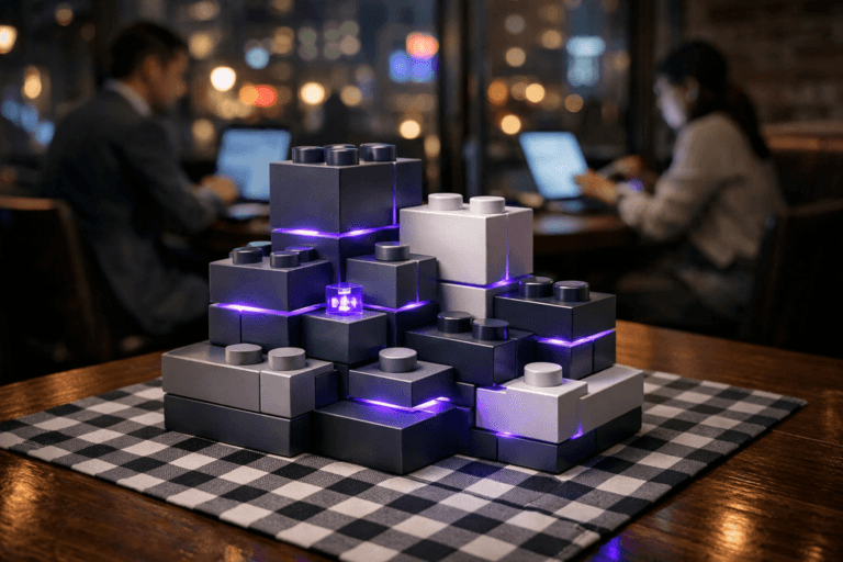 A photorealistic medium-wide cinematic shot, camera positioned approximately 1–2 meters from the subject, capturing a neatly arranged cluster of premium matte-finish modular building blocks in muted corporate tones, physically interlocking into a precise, tiered structure that suggests a unified demand-side platform control hub, with subtle electric-purple #7B63FF accents glowing softly along the edges and joints, clearly readable within a realistic environment. The object integrates subtle electric-purple accents indicating intelligence or activity without overpowering realism. Set in a dimly lit contemporary urban restaurant at night with a checkered tablecloth on a polished wooden table, city lights and restrained neon reflections visible through large windows, and a few diverse professionals in business-casual attire working on laptops and tablets in the background, their screens casting a cool tech-noir glow, with human figures slightly out of focus to keep the modular structure as the hero object, with natural human presence in the background or periphery. Lighting is low-key and practical, complemented by a soft integrated white spotlight from above or the side, gently revealing form, texture, and depth. Cinematic realism, natural depth of field, premium materials, ultra-detailed, 8K.