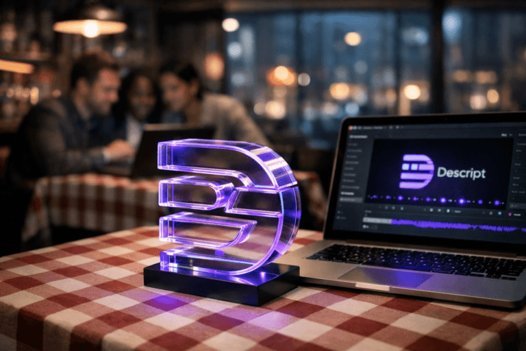A photorealistic medium-wide cinematic shot, camera positioned approximately 1–2 meters from the subject, capturing a physical 3D acrylic sculpture of the official Descript logo in clean isometric form, placed on a checkered restaurant tablecloth, beside an open laptop subtly displaying the Descript video-editing interface where the Descript logo is clearly visible on-screen; the logo sculpture is the primary hero object, sharply in focus and clearly readable within a realistic environment. The object integrates subtle electric-purple (#7B63FF) accents indicating intelligence or activity without overpowering realism, with gentle neon highlights along the logo’s edges and faint purple reflections on the tabletop and laptop keys. Set in a contemporary restaurant at night with a checkered-table setting, softly lit bar and windows showing a moody tech-noir city street outside, cool neutral tones, glass reflections, and restrained neon glows; a few diverse marketing professionals in smart-casual attire are naturally interacting and reviewing content on another laptop in the softly blurred background, adding candid human presence in the periphery. Lighting is low-key and practical, coming from overhead pendant lamps, the laptop screen, and streetlight spill through the windows, complemented by a soft integrated white spotlight from above and slightly to the side, gently revealing the form, texture, and depth of the Descript logo sculpture, the fabric of the tablecloth, and the brushed metal of the laptop. Cinematic realism, 35mm lens look, natural shallow-to-medium depth of field, premium materials, ultra-detailed, 8K, neutral corporate color palette with restrained electric-purple accents, no captions, no text overlays, no watermarks.