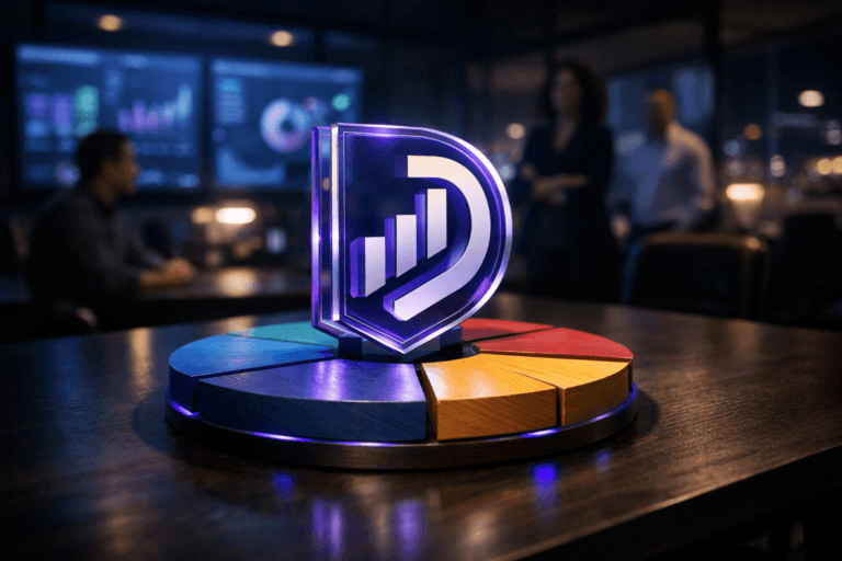 A photorealistic medium-wide cinematic shot, camera positioned approximately 1–2 meters from the subject, capturing a three-dimensional isometric-style acrylic sculpture featuring the official Desempenho logo mounted upright at the center of a physical pie chart made of painted wooden segments on a sleek dark conference table, the logo and pie chart clearly readable as the hero object within a realistic workspace. The object integrates subtle electric-purple (#7B63FF) accent edges and gentle inner reflections indicating intelligence and digital activity without overpowering the natural materials. Set in a dimly lit tech-noir performance control room in a modern corporate office at night, with glass walls, distant city lights, and large wall-mounted screens softly displaying abstract real-time dashboards and data visualizations in the background, with a small, diverse group of professionals in business-casual attire standing and sitting around the table in the periphery, naturally posed, neutral expressions, and slightly out of focus. Lighting is low-key and practical, coming from the glow of the dashboards, a few desk lamps, and an overhead fixture, complemented by a soft integrated white spotlight from above and slightly to the side, gently revealing the logo, the wooden pie chart, and the table’s texture with rich contrast and depth. Cinematic realism, natural depth of field, premium materials, ultra-detailed, 8K, no captions, no text overlays, no watermarks.