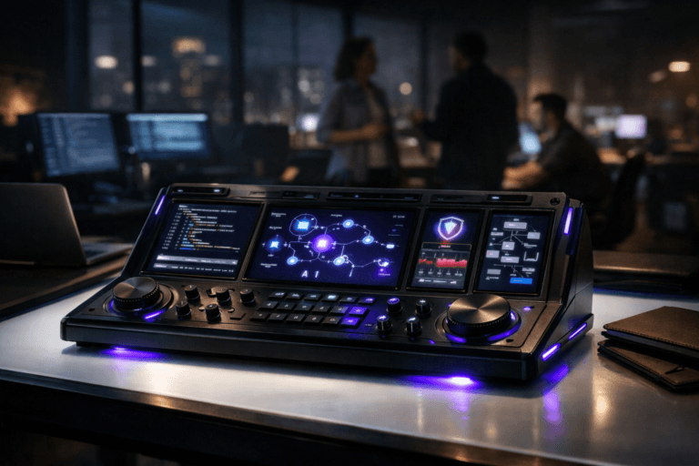 A photorealistic medium-wide cinematic shot, camera positioned approximately 1–2 meters from the subject, capturing a sleek physical desktop “development control console” as the hero object — a premium, cockpit-like panel about the size of a keyboard, resting on a glowing designer’s light table, with small built‑in screens and tactile dials displaying abstract software metrics, code lines, test coverage graphs, DevSecOps security alerts, and flow diagrams for AI, low‑code, serverless and microservices, all designed as real illuminated hardware elements, clearly readable within a realistic environment. The object integrates subtle electric‑purple (#7B63FF) accent lights and edge glows indicating intelligence or activity without overpowering realism. Set in a dimly lit Brazilian fintech development workspace at night, tech‑noir style, with large glass windows revealing a soft‑focus city skyline, cool ambient light from multiple monitors around the room, scattered laptops and notebooks on nearby desks, and a small group of diverse developers in casual business attire collaborating in the background and periphery, slightly out of focus. Lighting is low-key and practical, coming from the underlit drawing table, nearby computer screens, and a soft integrated white spotlight from above that gently reveals the console’s form, texture, and depth, with subtle reflections on metallic and glass surfaces. Cinematic realism, natural shallow-to-medium depth of field, neutral corporate color palette with restrained neon purple accents, premium materials, ultra-detailed, 8K, no text overlays, no UI labels, no watermarks.