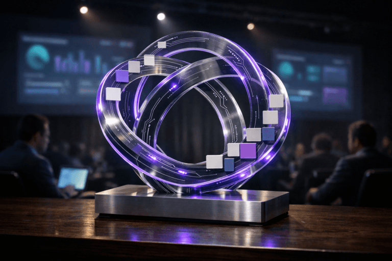 A photorealistic medium-wide cinematic shot, camera positioned approximately 1–2 meters from the subject, capturing a sleek physical tabletop sculpture symbolizing Agile Development: concentric semi-transparent acrylic rings interlocked with small Kanban-like tiles and subtle circuit-pattern inlays, mounted on a low brushed-metal base, with delicate embedded LEDs along the edges emitting a restrained electric purple #7B63FF glow to indicate intelligence and continuous flow, clearly readable as the hero object within a realistic environment. The object integrates subtle electric-purple accents indicating intelligence or activity without overpowering realism. Set in a modern tech conference theater with a dark wooden stage underfoot, a deep charcoal backdrop, and large out-of-focus projection screens behind it showing abstract, textless data visualizations and dashboard-like UI shapes in muted cyan and purple, with a few professionals in business-casual attire seated in the dim auditorium foreground and sides, softly lit by laptop screens and aisle lights, their presence secondary and slightly out of focus. Lighting is low-key and practical, coming from overhead stage spots, the glow of the screens, and the sculpture’s integrated LEDs, complemented by a soft integrated white spotlight from above and slightly to the side, gently revealing the sculpture’s form, polished textures, and depth while letting the background fall into a moody tech-noir shadow. Cinematic realism, natural shallow-to-medium depth of field, premium materials, ultra-detailed, high contrast with subtle neon accents, 8K, no captions, no readable text, no watermarks.