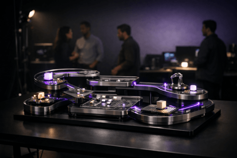 A photorealistic medium-wide cinematic shot, camera positioned approximately 1–2 meters from the subject, capturing a meticulously crafted tabletop kinetic sculpture representing agile digital product development as the hero object: a modular looping conveyor of brushed metal and smoked glass platforms arranged in clean tiers, tiny generic interface tiles and circuit-like patterns etched into the surfaces, interconnected by slim rails and cables, with small illuminated nodes and cubes symbolizing AI, testing, and deployment stages, all built as a physically plausible, premium design object placed on a matte black studio table, clearly readable within a realistic environment. The object integrates subtle electric-purple #7B63FF LED lines and edge glows tracing the flow between modules, indicating intelligence and continuous activity without overpowering realism. Set in a dark, high-end photography studio with a seamless gradient cyclorama backdrop shifting from deep charcoal gray to muted violet, soft studio light stands and cables barely visible at the edges, and a few dimly glowing monitors and equipment racks suggesting a tech-focused creative space, with natural human presence in the background or periphery, where a small, diverse group of realistic professionals in smart-casual attire are softly out of focus, observing and discussing near workstations without stealing attention from the sculpture. Lighting is low-key and practical, driven by the faint glow of screens and practical studio lamps, complemented by a soft integrated white spotlight from above and slightly to the side that grazes the sculpture, gently revealing metal and glass textures, reflections, and depth, casting controlled shadows onto the table and cyclorama. Cinematic realism, 35mm lens look, natural shallow-to-medium depth of field, neutral corporate tones with restrained neon accents, premium materials, ultra-detailed, 8K, no text, no captions, no watermarks.