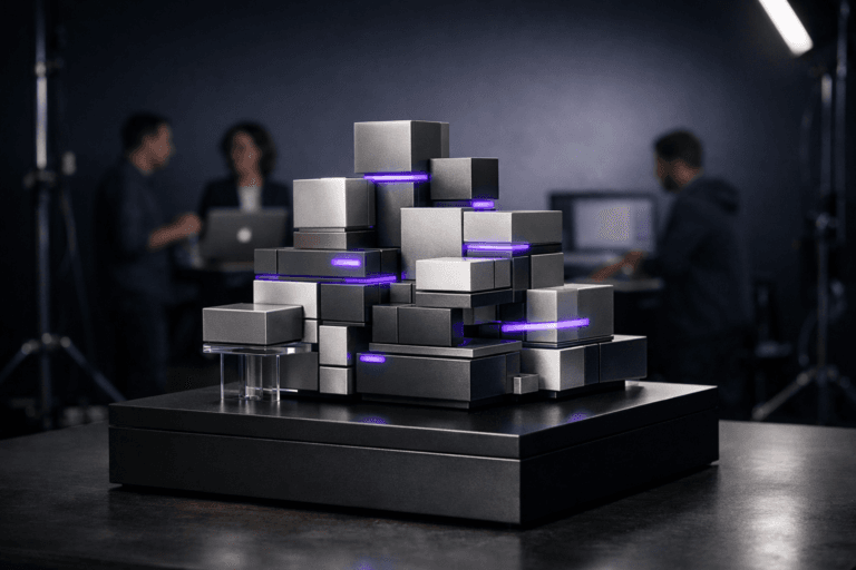 A photorealistic medium-wide cinematic shot, camera positioned approximately 1–2 meters from the subject, capturing a tangible modular desktop sculpture representing component-based development as the hero object: a precise arrangement of small glossy rectangular blocks stacked on a sleek dark pedestal, each block in neutral greys and soft metallic tones with subtle electric-purple #7B63FF inlays and edge accents, interlocking like a futuristic Lego-style city, with a few blocks slightly offset and elevated on thin transparent acrylic supports to suggest independent, reusable components, all clearly readable within the frame. The object integrates subtle electric-purple accents indicating intelligence or activity without overpowering realism, with tiny embedded light strips glowing gently between some blocks. Set in a professional photography studio with a seamless cyclorama backdrop, the background fading in a smooth gradient from deep charcoal to muted midnight blue and electric purple, light stands and cables barely visible at the edges, and a few diverse professionals (designers and QA engineers) blurred in the background discussing around a laptop and monitor, their presence candid and secondary to the sculpture, adding a realistic tech-noir workspace vibe. Lighting is low-key and practical, combining soft overhead studio softboxes and the glow from a nearby monitor, complemented by a soft integrated white spotlight from the upper side gently grazing the sculpture, revealing form, reflections, and fine textures in the materials while casting controlled shadows onto the cyclorama. Cinematic realism, natural shallow-to-medium depth of field, premium materials, ultra-detailed, 8K, neutral corporate palette with restrained neon purple and blue accents, no text, no captions, no watermarks.