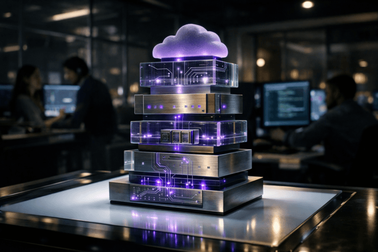 A photorealistic medium-wide cinematic shot, camera positioned approximately 1–2 meters from the subject, capturing a high-end physical desk sculpture representing full stack development: a multi-layered tower of translucent glass and brushed metal blocks, each “stack” connected by fine etched circuitry and embedded micro-LEDs, clearly readable as a tangible tech artifact, resting on a glowing drafting light table in a modern digital bank product studio at night. The sculpture integrates subtle electric-purple (#7B63FF) light accents along edges and connection lines, suggesting intelligent data flow without overpowering the natural materials. Set in a moody Tech-Noir environment: a spacious open-plan fintech office with dimmed ambient light, glowing monitors showing blurred dashboards and code, glass walls with soft reflections, and a few diverse software engineers in the background and periphery, slightly out of focus, collaborating around screens in candid, professional postures. Lighting is low-key and practical, coming from the light table, nearby monitors, and a soft integrated white spotlight from above and slightly to the side, gently revealing the sculpture’s form, texture, and depth, casting subtle reflections on the glass surface. Cinematic realism, 35mm lens look, natural shallow-to-medium depth of field, neutral corporate color palette with restrained neon accents, premium materials, ultra-detailed, 8K, no text, no captions, no watermarks.