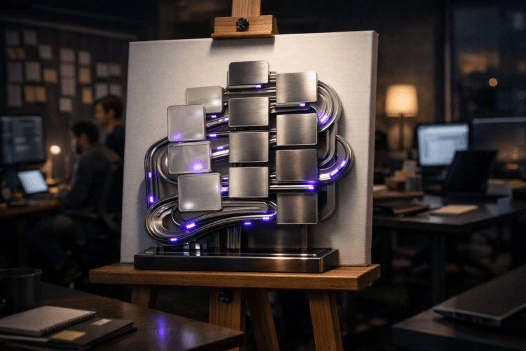 A photorealistic medium-wide cinematic shot, camera positioned approximately 1–2 meters from the subject, capturing a stylized physical hero object representing Lean Development: a premium 3D tabletop sculpture composed of interlocking metallic and frosted-glass Kanban cards and smooth circuit-like rails arranged vertically, mounted directly in front of a pristine white painting canvas on a wooden studio easel, with the structure’s shapes, layers, and flow clearly readable and tactile, subtly echoing continuous delivery and reduction of waste, clearly readable within a realistic environment. The object integrates subtle electric-purple accents indicating intelligence or activity without overpowering realism. Set in a modern tech-noir SaaS product squad office at night, where the easel and canvas stand near a wall of real Kanban boards and glass panels, surrounded by dimly glowing ultrawide monitors, laptops on height-adjustable desks, scattered notebooks and sticky notes, and a few diverse developers and QA engineers collaborating quietly in the background, softly out of focus, in a believable war-room workspace. Lighting is low-key and practical, coming from monitors, a nearby floor lamp, and a distant window glow, complemented by a soft integrated white spotlight from above and slightly to the side, gently revealing form, texture, and depth. Cinematic realism, natural depth of field, neutral corporate color palette with restrained electric-purple #7B63FF neon accents, 35mm lens look, premium materials, ultra-detailed, 8K, no text, no UI, no watermarks.