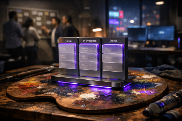 A photorealistic medium-wide cinematic shot, camera positioned approximately 1–2 meters from the subject, capturing a tangible hero object: a compact Kanban-board inspired sculpture resting on a well-used artist’s wooden palette smeared with colorful oil paints, each small column of frosted acrylic cards with subtle non-legible markings hinting at Given-When-Then scenarios, clearly visible as a physical representation of Behavior-Driven Development within a realistic environment. The object integrates subtle electric-purple (#7B63FF) accents along the card edges and a faint internal LED glow beneath the board and around a few paint smudges, indicating intelligence and activity without overpowering realism. Set in a dim tech-noir open workspace that blends software squad room and art studio—neon-tinged city lights and signage visible through a large window, multiple monitors casting cool reflections, and a distant wall-mounted physical Kanban board— with natural human presence in the background or periphery: a diverse group of professionals in casual-smart attire standing and gesturing around the wall board in candid discussion, slightly out of focus. Lighting is low-key and practical, coming from desk lamps, monitor glow, and the city outside, complemented by a soft integrated white spotlight from above and slightly to the side, gently revealing the texture of the oil paints, the grain of the wooden palette, and the premium materials of the Kanban sculpture, with rich shadows and subtle reflections. Cinematic realism, natural shallow-to-medium depth of field, premium materials, ultra-detailed, 8K, no captions, no text overlays, no watermarks.