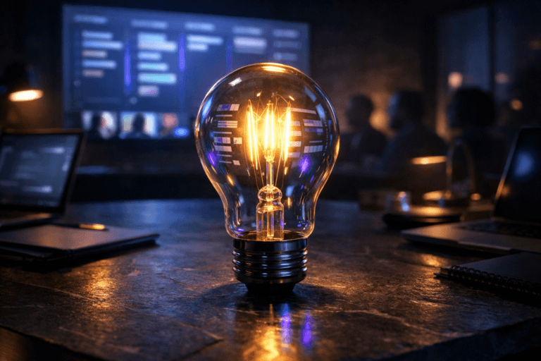 A photorealistic medium-wide cinematic shot, camera positioned approximately 1–2 meters from the subject, capturing a modern clear-glass incandescent light bulb standing upright on a dark natural slate desk surface, glowing intensely with soft, pulsating rays of light and subtle reflections of a digital kanban board and product roadmap interface on the glass, clearly readable within a realistic environment. The object integrates subtle electric-purple (#7B63FF) accents indicating intelligence or activity without overpowering realism. Set in a moody Tech-Noir product management war room at night, a contemporary open office with a dark slate worktable, laptops and notebooks around the bulb, and a large wall-mounted screen in the background showing an abstract, text-free digital kanban board and remote planning session, with a diverse group of realistic professionals visible in soft focus as small video tiles and silhouettes, providing natural human presence in the periphery while remaining secondary to the bulb. Lighting is low-key and practical, coming from the wall screen, laptop displays and a few dim desk lamps, complemented by a soft integrated white spotlight from above and slightly to the side, gently revealing the form, texture and depth of the glass bulb and slate surface, casting crisp yet subtle reflections and shadows. Cinematic realism, Tech-Noir atmosphere with neutral corporate tones and restrained electric-purple and cool-cyan accents, shot on a 35mm lens with natural shallow-to-medium depth of field, premium materials, ultra-detailed, 8K, no captions, no visible text, no logos, no watermarks.