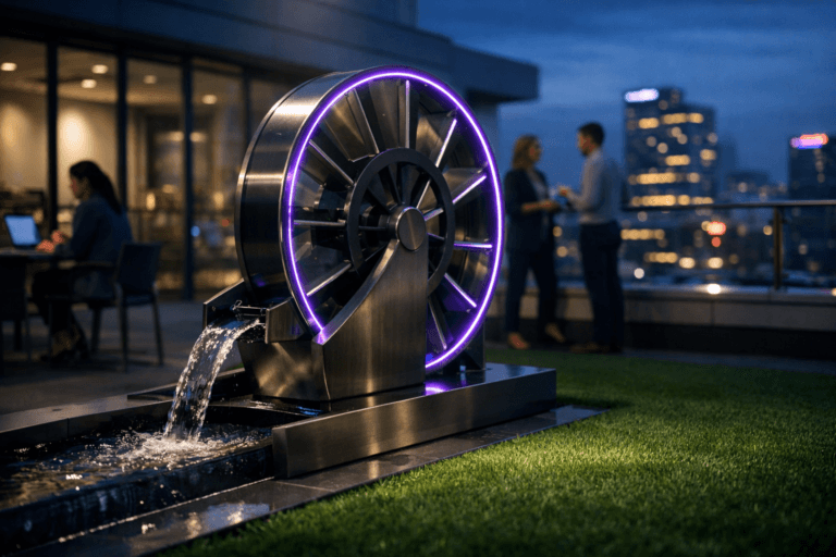 A photorealistic medium-wide cinematic shot, camera positioned approximately 1–2 meters from the subject, capturing a sleek, modern water-wheel-inspired kinetic sculpture made of brushed dark metal and glass, driven by a narrow, continuous stream of water channelled through a perfectly edged bed set into vibrant synthetic grass, with subtle electric-purple LED lines tracing the rim to suggest intelligent, continuous content flow, clearly readable within a realistic environment. The object integrates subtle electric-purple accents indicating intelligence or activity without overpowering realism. Set in the rooftop terrace of a contemporary fintech office at blue hour, with perfectly trimmed synthetic grass underfoot, glass railings, glowing office windows, a neutral corporate palette of charcoals, steel grays and soft teals, and a distant city skyline accented by restrained neon signage and screen glow, with a few diverse professionals in business-casual attire working on laptops or conversing in the background, slightly out of focus. Lighting is low-key and practical, complemented by a soft integrated white spotlight from above or the side, gently revealing form, texture, and depth. Cinematic realism, natural depth of field, premium materials, ultra-detailed, 8K, no text overlays, no watermarks.
