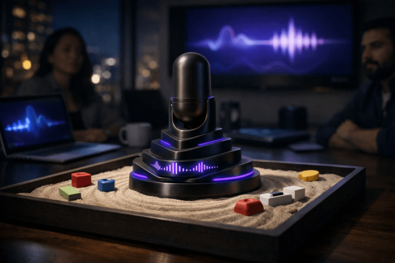 A photorealistic medium-wide cinematic shot, camera positioned approximately 1–2 meters from the subject, capturing a sleek, sculptural smart microphone hub that embodies voice interface design as a real physical desktop object, combining a polished dark-metal microphone form with geometric isometric layers and softly glowing sound-wave cutouts, standing at the center of a shallow sand-filled tray used as a “design sandbox” on a table, surrounded by small colorful prototype blocks and toy-like interface tokens, clearly readable within a realistic environment. The object integrates subtle electric-purple (#7B63FF) LED accents along its base and waveform details indicating intelligence or activity without overpowering realism. Set in a modern UX research lab meeting room at night in a tech company, with the sand-tray sandbox in the middle of a large conference table, laptop screens and a wall-mounted display in the background showing abstract, text-free pulse and waveform visualizations, and several diverse product designers and researchers seated and standing around the table, watching in silence, slightly out of focus at the edges of the frame. Lighting is low-key and practical, coming from laptop screens, a distant city skyline through a large window, and a few overhead fixtures, complemented by a soft integrated white spotlight from above and slightly to the side that gently reveals the microphone sculpture’s form, the grain of the sand, and the premium materials of the table and devices, creating subtle tech-noir contrast and reflections. Cinematic realism, natural depth of field, premium materials, ultra-detailed, 8K, no text, no captions, no watermarks.