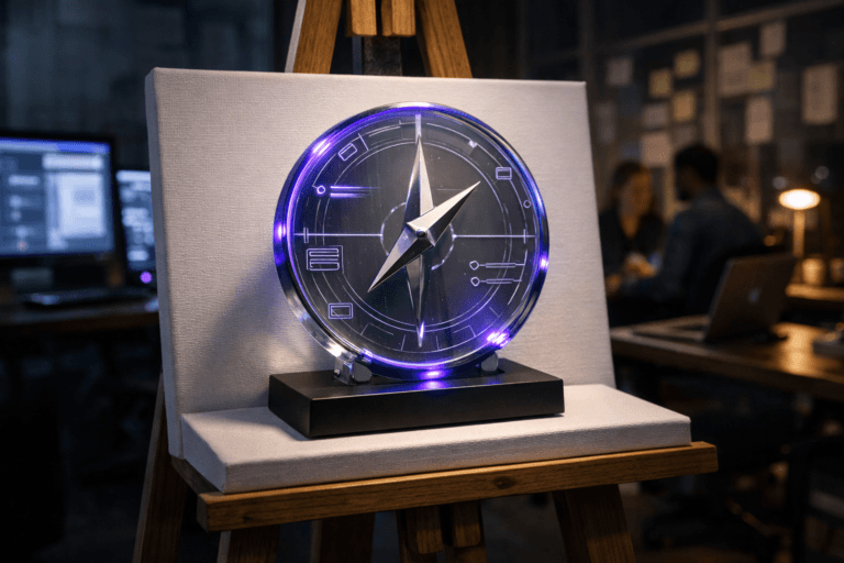 A photorealistic medium-wide cinematic shot, camera positioned approximately 1–2 meters from the subject, capturing a sleek physical “ethical UX design” hero object: a premium desk sculpture made of semi-transparent glass shaped like a modern compass, its circular frame subtly interwoven with etched UI wireframe icons and sliders, mounted on a matte black rectangular base, clearly readable within a realistic environment. The object integrates subtle electric-purple (#7B63FF) accents glowing gently along the compass edge and etched interface lines, indicating intelligence and activity without overpowering realism. Set on top of a pristine white artist’s canvas resting on a natural-wood studio easel inside a contemporary UX and product design workspace at night, with large monitors and laptops on nearby desks displaying softly blurred interface mockups, sticky notes and sketches on glass walls, and a small, diverse group of professionals collaborating in the background, slightly out of focus. Lighting is low-key and practical, coming from computer screens, a desk lamp, and a distant window, complemented by a soft integrated white spotlight from above and slightly to the side that gently reveals the sculpture’s form, glass texture, and the grain of the wooden easel, casting subtle cinematic shadows on the canvas. Tech-noir corporate atmosphere, neutral greys, charcoals, and warm wood tones balanced with restrained electric-purple reflections from the screens, cinematic realism, natural shallow-to-medium depth of field, 35mm lens look, premium materials, ultra-detailed, 8K, no captions, no readable text, no watermarks.