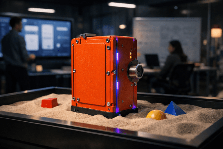 A photorealistic medium-wide cinematic shot, camera positioned approximately 1–2 meters from the subject, capturing a pristine, real-world commercial aircraft flight recorder — the iconic bright-orange airplane “black box” — standing upright on smooth sand inside a sleek rectangular indoor sandbox table, its rugged metal casing, screws, and hardware details clearly readable, presented like a refined product display in a modern digital experience design lab, with any technical markings kept small and illegible. The object integrates subtle electric-purple #7B63FF accent reflections along its edges and a few discreet indicator LEDs, hinting at intelligence and continuous data capture without overpowering realism. Set in a dimly lit, tech-noir corporate UX studio at night, with glass walls, large monitors showing softly blurred, non-branded banking app interfaces and journey maps, whiteboards with indistinct diagrams, and a few diverse product designers in smart-casual attire softly out of focus around the sandbox, plus a scattering of minimal, colorful geometric prototype “toys” partially buried in the sand to evoke experimentation and digital sandboxes. Lighting is low-key and practical, coming from overhead office panels, glowing desktop screens, and a side floor lamp, complemented by a soft integrated white spotlight from above that gently reveals the black box’s texture, edges, and the grain of the sand, creating depth and contrast. Cinematic realism, 35mm lens look, natural shallow-to-medium depth of field, neutral corporate palette of greys and deep blues with restrained electric-purple neon accents, premium materials, ultra-detailed, 8K, no text overlays, no UI legible copy, no watermarks.