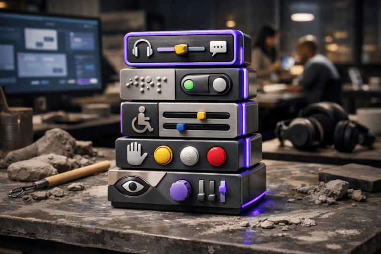 A photorealistic medium-wide cinematic shot, camera positioned approximately 1–2 meters from the subject, capturing a tangible, stylized physical sculpture representing Inclusive Design: a colorful, playful 3D isometric interface totem composed of stacked geometric panels with high-contrast buttons, sliders, braille-like dots, and accessible icons, crafted from smooth resin and brushed metal, resting solidly on a gray ceramic work table smeared with dry and wet clay. The object integrates subtle electric-purple (#7B63FF) accents along edges and icons, suggesting intelligent activity without feeling futuristic or glowing excessively. Set in a modern tech-noir UX studio that doubles as a ceramics and prototyping workspace inside a contemporary São Paulo office at night, with clay tools, laptops, large monitors showing blurred interface layouts, assistive devices like headphones and screen readers, and a diverse group of professionals in the background reviewing designs and running usability tests, softly out of focus. Lighting is low-key and practical, coming from a nearby desk lamp, the cool glow of computer screens, and a narrow window hinting at city lights, complemented by a soft integrated white spotlight from above and slightly to the side, gently revealing the sculpture’s form, tactile details, and material texture while casting subtle reflections in electric purple and neutral grays across the clay-stained tabletop. Cinematic realism, natural shallow-to-medium depth of field, neutral corporate tones with restrained neon purple accents, premium materials, ultra-detailed, 8K, no captions, no text overlays, no watermarks.