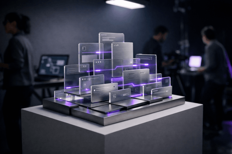 A photorealistic medium-wide cinematic shot, camera positioned approximately 1–2 meters from the subject, capturing a tangible sculptural hero object that represents interaction design: a carefully crafted physical installation of semi-transparent glass and brushed-metal rectangular tiles arranged in a stepped isometric grid, like overlapping app screens and navigation panels, mounted on a clean matte pedestal, each tile featuring subtle etched UI-like shapes and tiny embedded LEDs. The object integrates subtle electric-purple (#7B63FF) accents glowing softly along its edges and within a few connection lines, suggesting intelligence and responsive behavior without feeling sci-fi or overpowering the realism. Set in a contemporary photography studio with a seamless color cyclorama backdrop in muted charcoal fading into deep navy, accented by restrained electric-purple rim lighting and cool white overhead softboxes, creating a refined tech-noir atmosphere. In the background and periphery, slightly out of focus, a small diverse group of designers and photographers in modern, professional clothing move naturally around laptops, tripods, and light stands, some screens showing abstract wireframe layouts and flow diagrams with no readable text, reinforcing the theme of digital interaction while keeping the sculpture as the clear focal point. Lighting is low-key and practical, coming from studio softboxes, computer screens, and a subtle overhead spotlight from above and slightly to the side, gently revealing the form, texture, and depth of the sculpture and pedestal while casting soft, controlled shadows. Cinematic realism, 35mm lens look, natural shallow-to-medium depth of field, premium materials, ultra-detailed, 8K, no captions, no visible text, no logos, no watermarks.