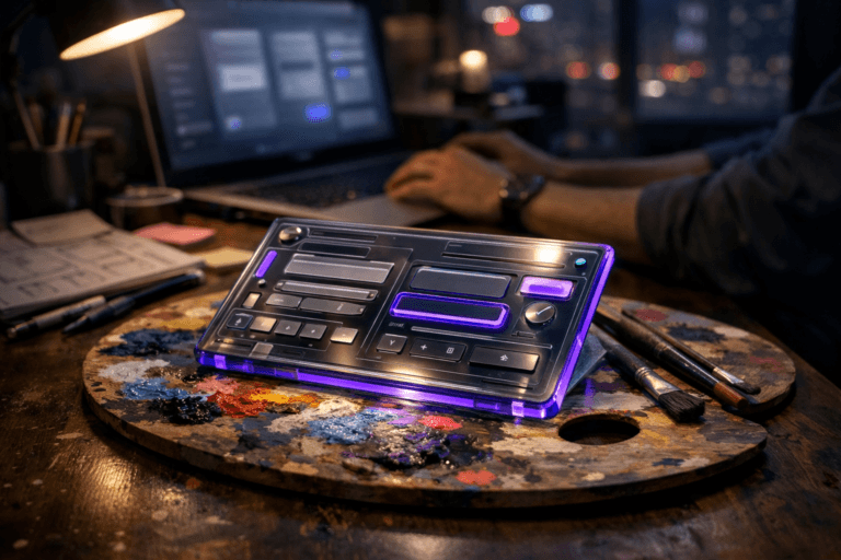 A photorealistic medium-wide cinematic shot, camera positioned approximately 1–2 meters from the subject, capturing a sleek, tangible glass-and-acrylic tablet-like interface panel as a hero object, physically sculpted with raised buttons, text fields, tooltips and tiny illegible micro-labels, resting carefully on a worn wooden artist’s palette smeared with vivid oil paints and stained brushes, symbolizing the craft of microcopy blended with visual design, clearly readable within a realistic environment. The object integrates subtle electric-purple (#7B63FF) accents along its edges and around a few highlighted UI elements, suggesting intelligence and activity without overpowering realism. Set in a dim UX and creative studio workstation at night, the paint-splattered palette and interface sculpture sitting on a large wooden desk surrounded by softly blurred sketchbooks with wireframes, scattered sticky notes, pens, and a laptop screen glowing with out-of-focus interface layouts, with a faint city skyline and neon reflections visible through a window in the background, adding a refined Tech-Noir mood, with natural human presence in the background as a slightly out-of-focus UX designer seated at the desk, hands near the keyboard, absorbed in work. Lighting is low-key and practical, coming from the laptop screen, a small desk lamp and distant window glow, complemented by a soft integrated white spotlight from the side that gently reveals the form, texture and depth of the interface sculpture, paint palette and desk surface. Cinematic realism, natural shallow-to-medium depth of field, neutral corporate tones with restrained neon and electric-purple accents, premium materials, ultra-detailed, 8K, no captions, no text overlays, no watermarks.